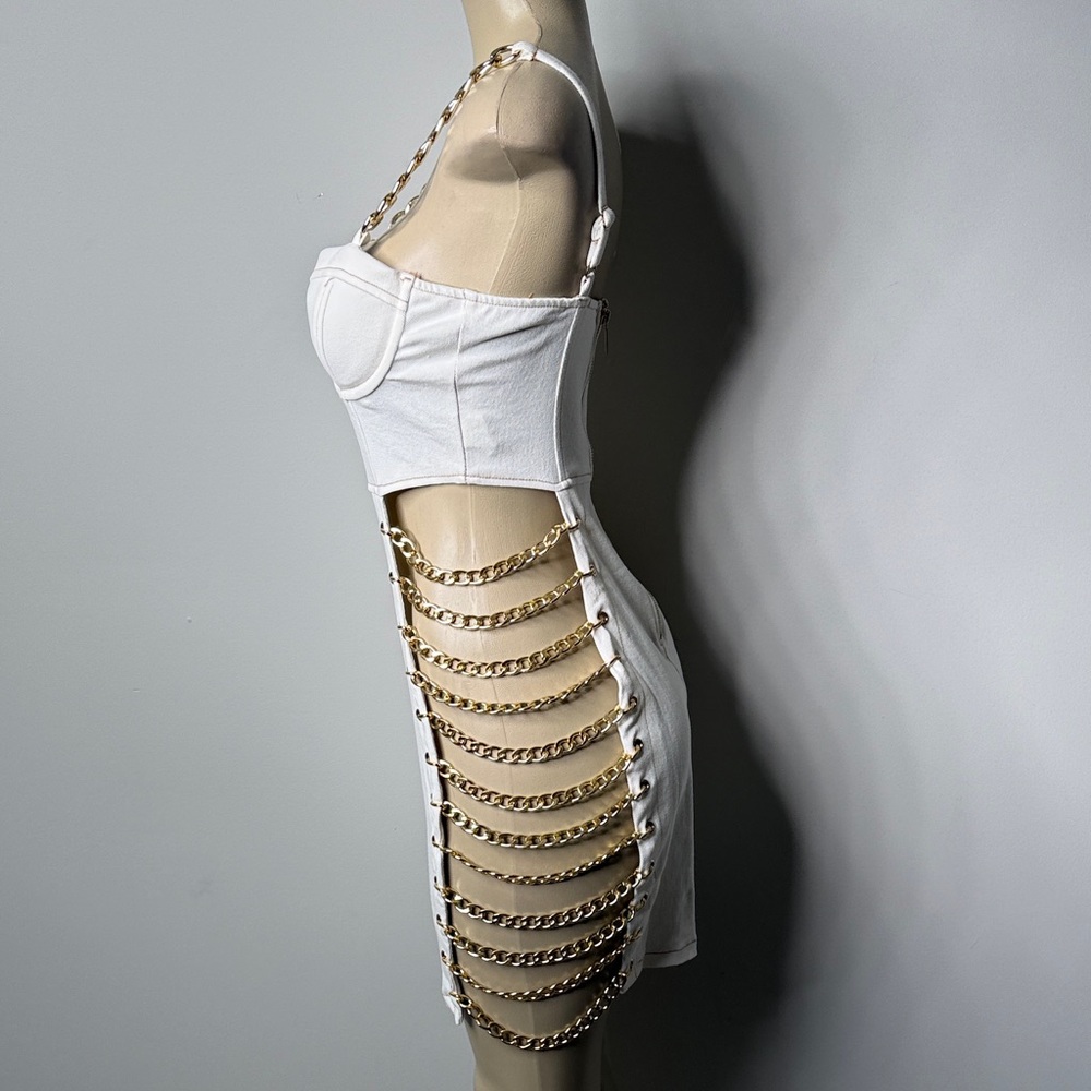 AKIRA White Mini Dress with Gold Chain Straps NWOT - Picture 6 of 8